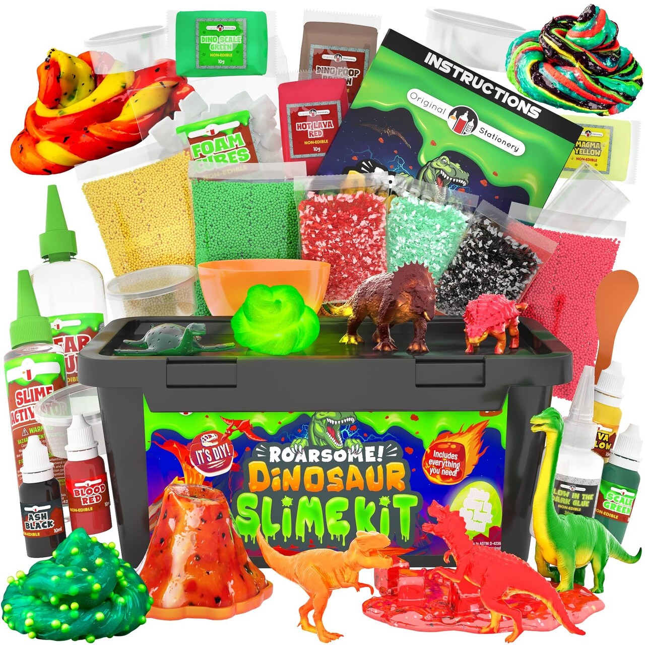 Original Stationery Dinosaur Slime Kit, Glow in The Dark Slime Making Kit for Boys, Create Lava, Blood and Dino Poop Slimes, Fun DIY Slime Dino Scene, Fun Birthday Gift, Ages 7-14